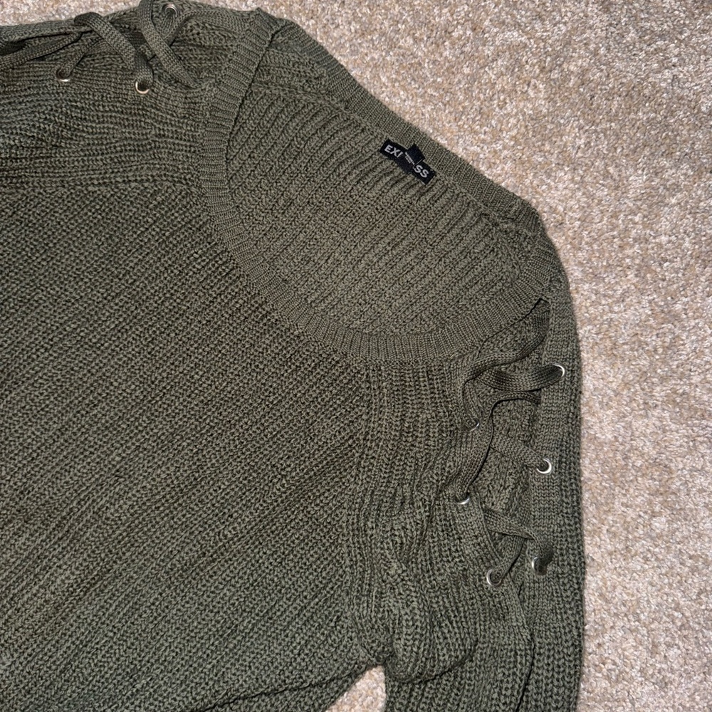 Express Olive Green Sweater, tie up shoulder, size M